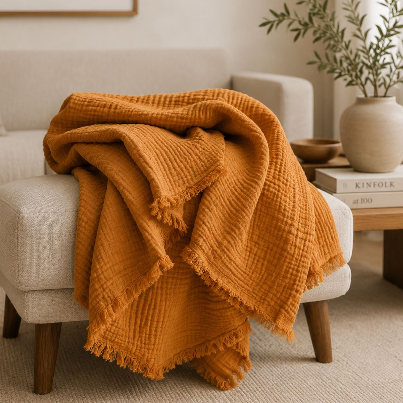 Musselin Tagesdecke Solea in Caramel auf dem Sessel aus 100% Baumwolle