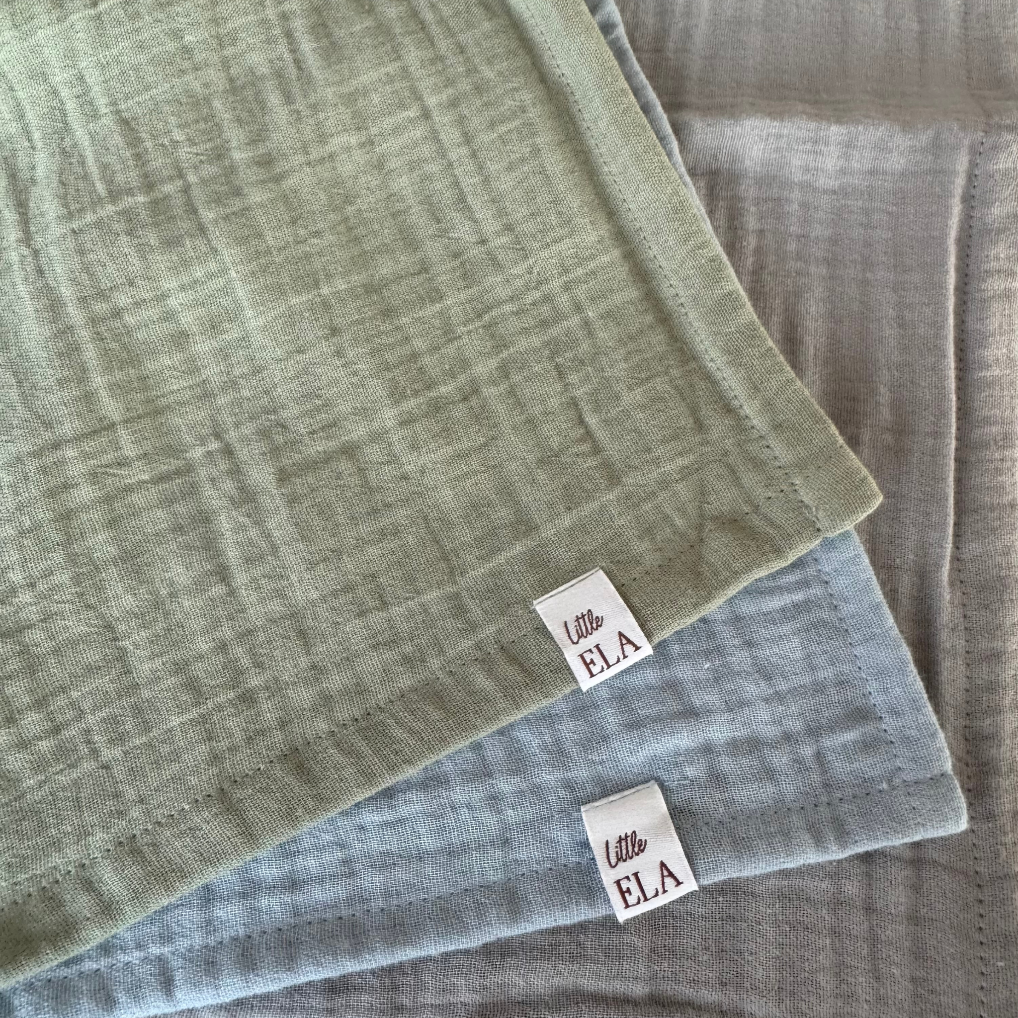 Weiches Musselin-Babytuch in Salbei, Grau und Blau – ideal als Babyhalstuch, Mulltuch, Kuscheltuch oder Stilltuch, aus 100 % Baumwolle, pflegeleicht und bügelfrei“

