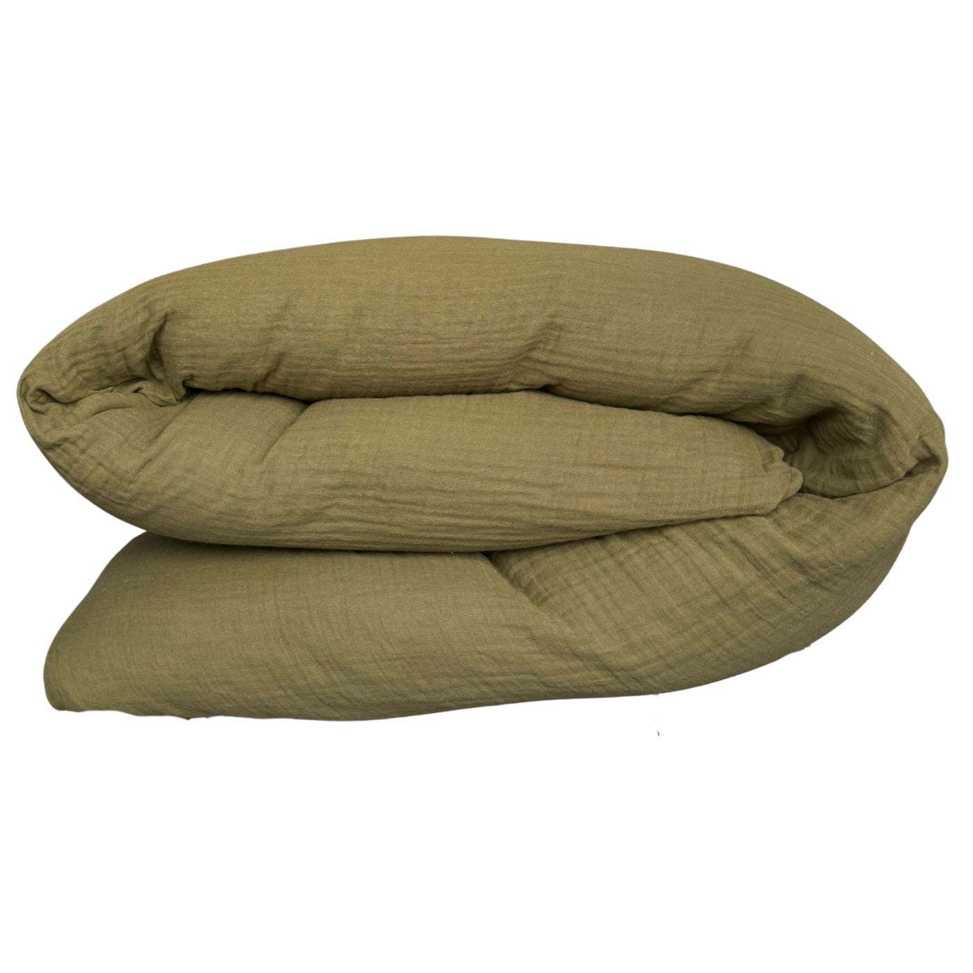 Olivgrüner Duvetbezug aus Baumwolle, sauber gefaltet mit weissen Hintergrund